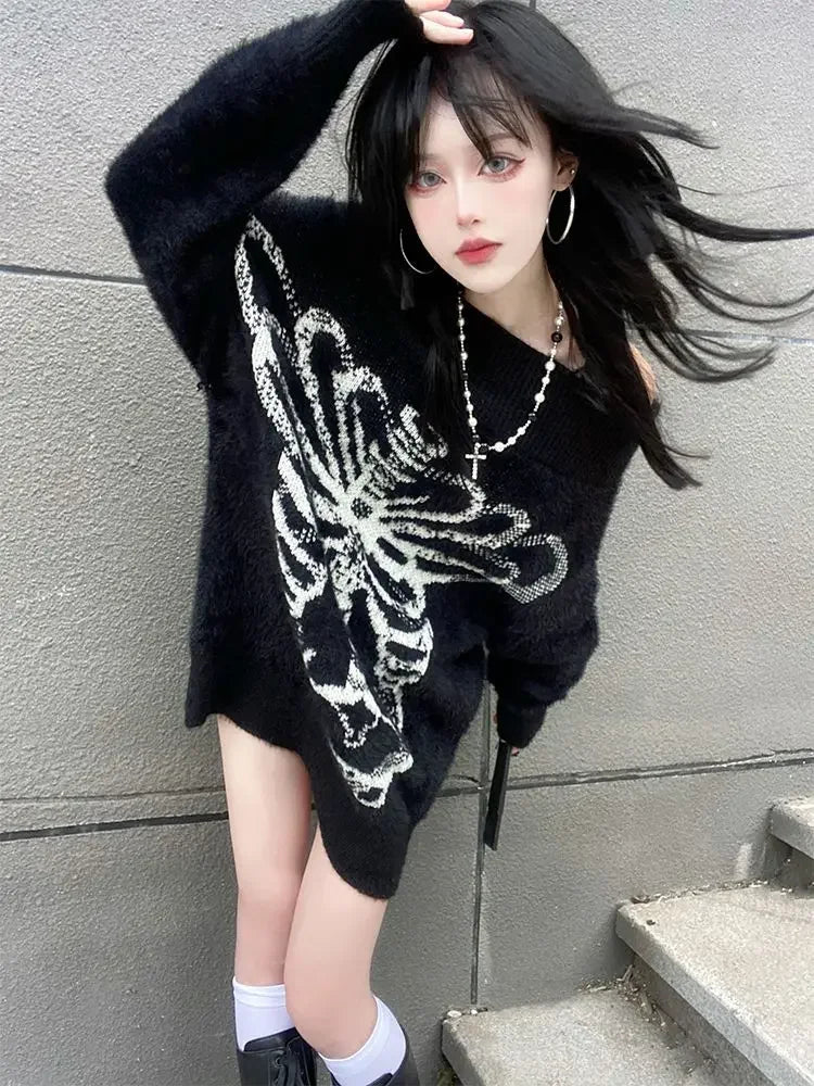 Goth Punk Knitted Black Long Sleeve Tops