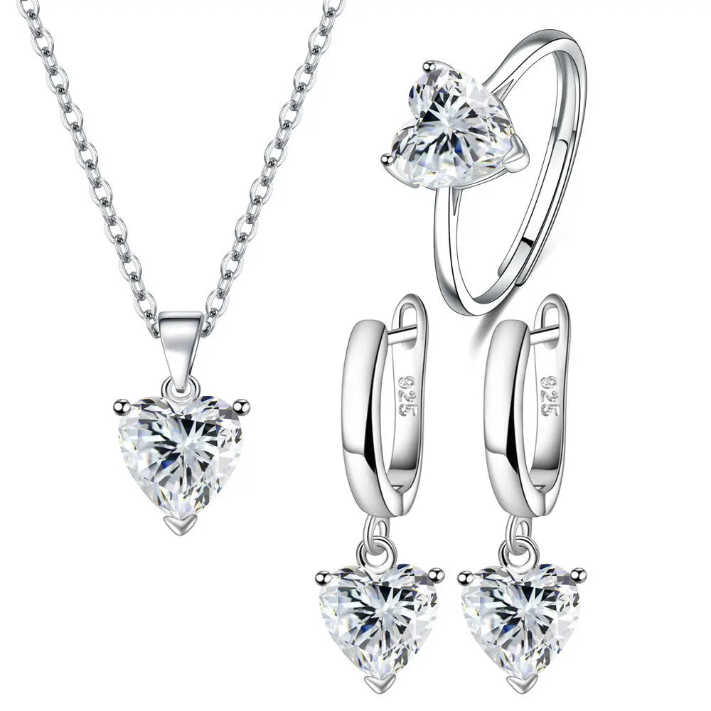 Women Heart Zircon Ring Earrings Necklace set