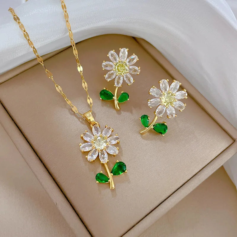 Fashionable Charming White Green Leaf Sunflower Necklace and Earrings Set