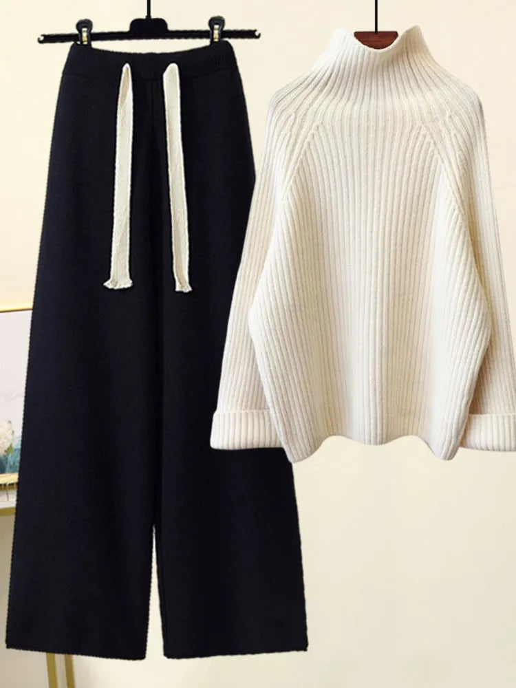 Long Sleeve Half Turtleneck Knitting Sweater And Wide Leg Pants Sets