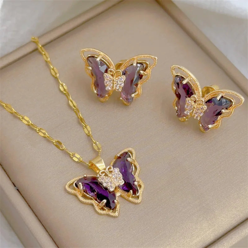 Fashion Cute Micro-inlaid Butterfly Necklace Earrings Set