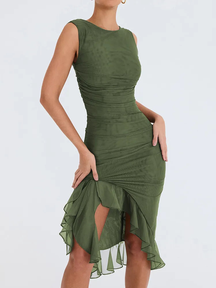 Elegant Ruffle Ruched Midi Dress For Women