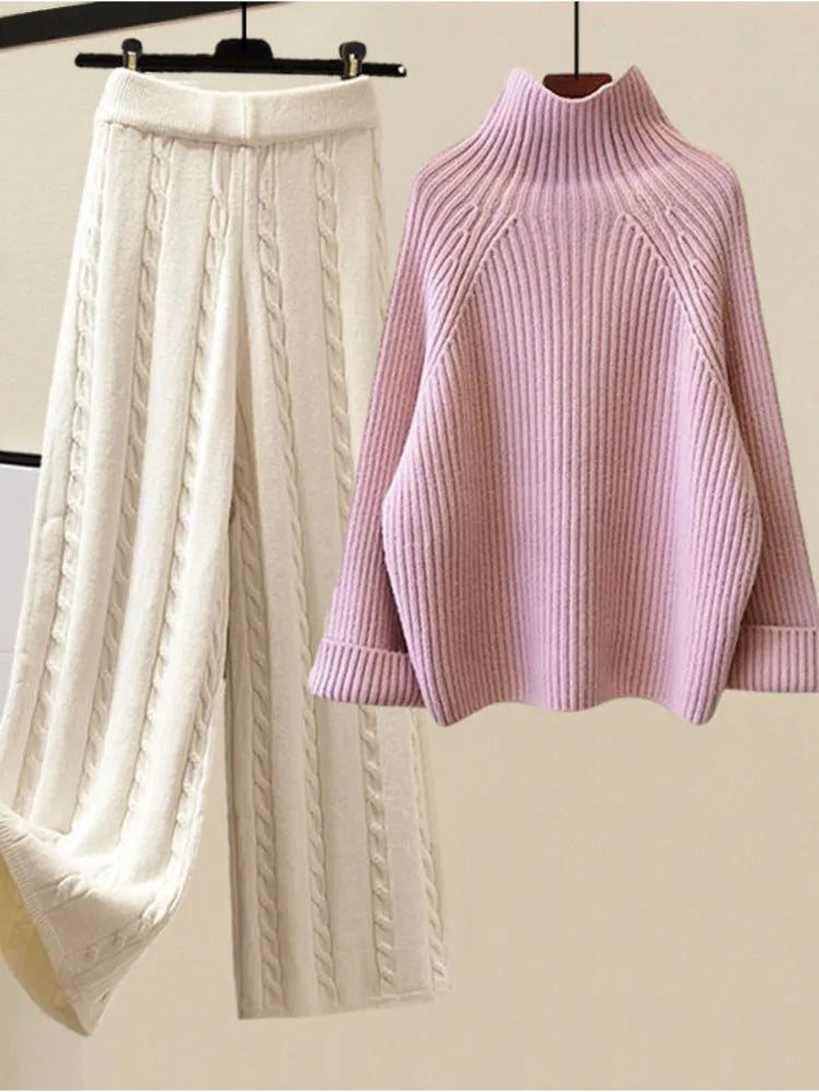 Turtleneck Knitted Sweater+woolen Parkas Vest+wide Leg Knitting Pants Sets