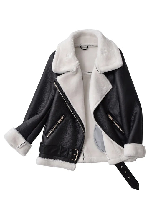 Leather Fur Jacket Moto Biker