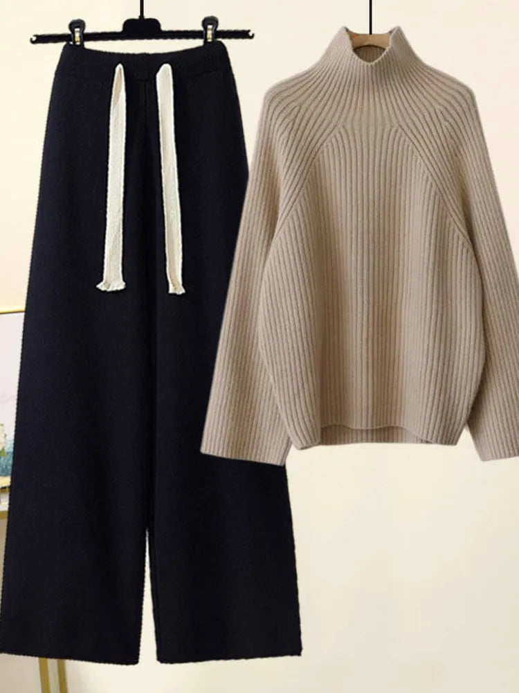 Long Sleeve Half Turtleneck Knitting Sweater And Wide Leg Pants Sets