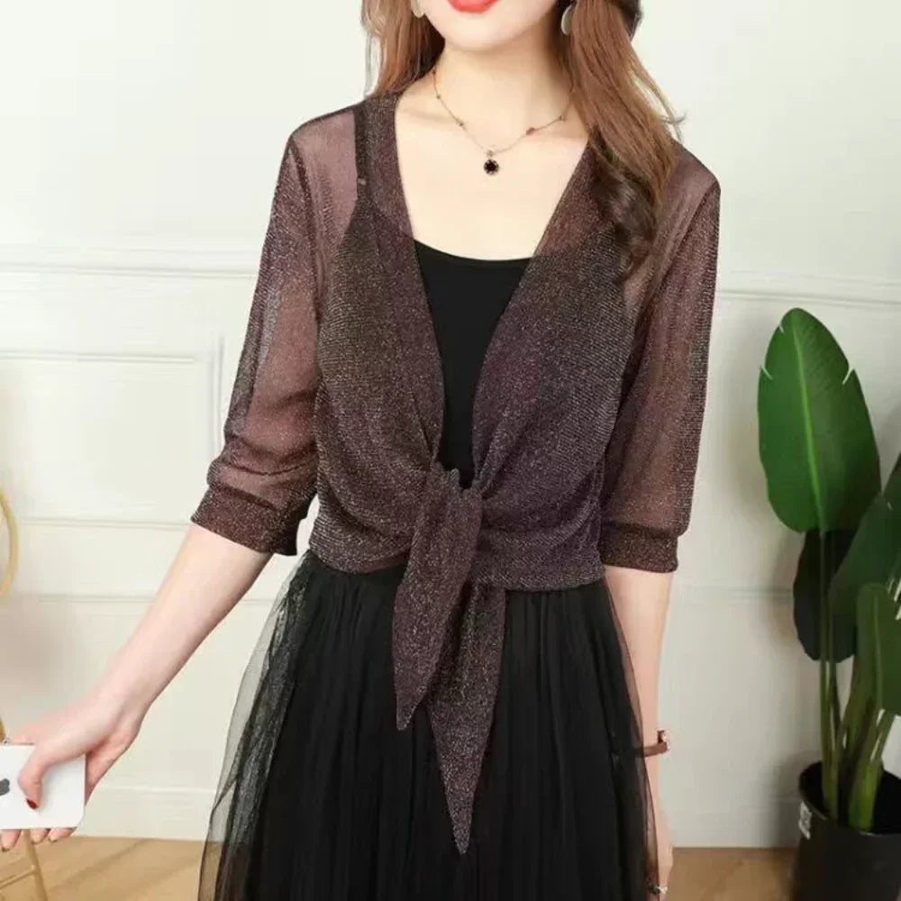 Women's Sheer Glitter Lace-up Loose Blouse