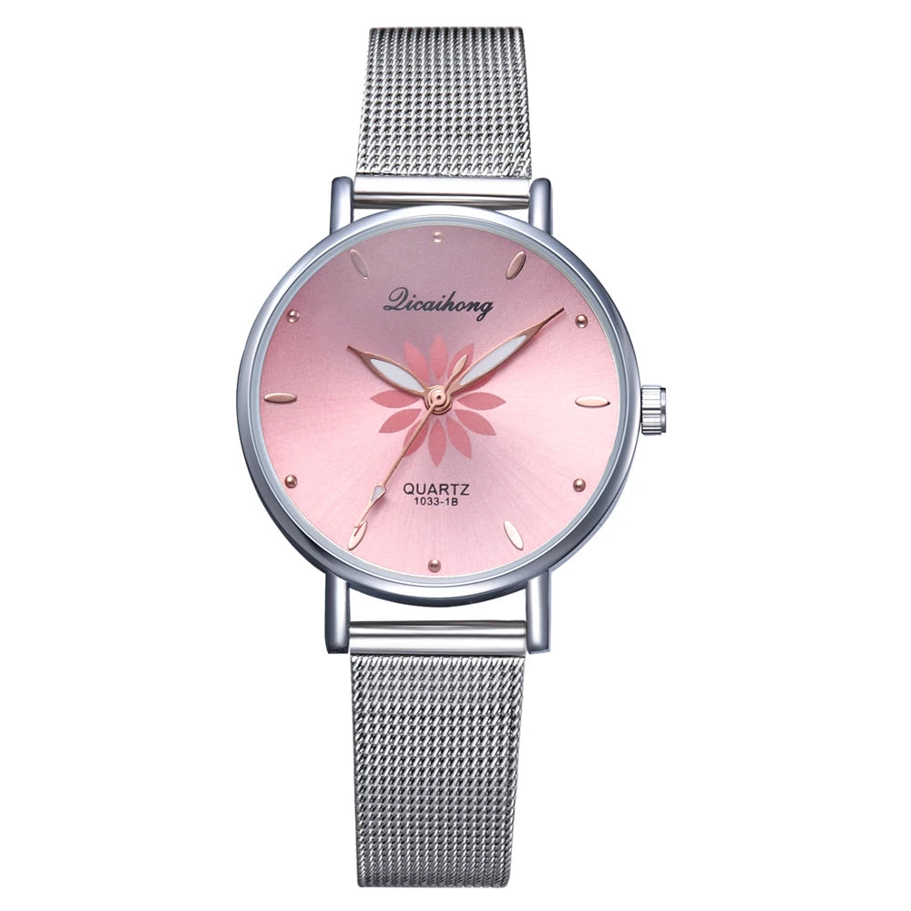 Women Luxury Silver Popular Pink Dial Flowers watches