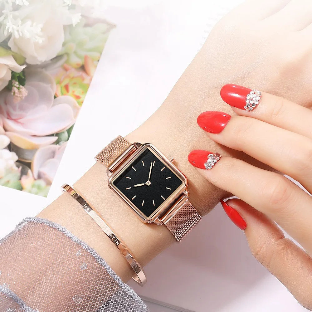 Reloj Mujer Luxury Women Watches Rose Gold Simple Magnetic Mesh Belt Band Watch Women's Fashion Square Wristwatch Zegarek Damski